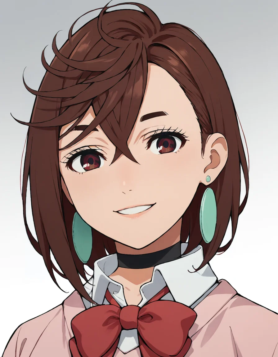 score_9, score_8_up, score_7_up, source_anime, BREAK
1girl, looking at viewer, gradient background, upper body, light smile,
momo ayase, brown hair, short hair, hair between eyes, asymmetrical bangs, brown eyes, earrings, black choker,
school uniform, white collared shirt, pink sweater, long sleeves, red bowtie,
<lora:momo_ayase_anime_v3-soralz:1>