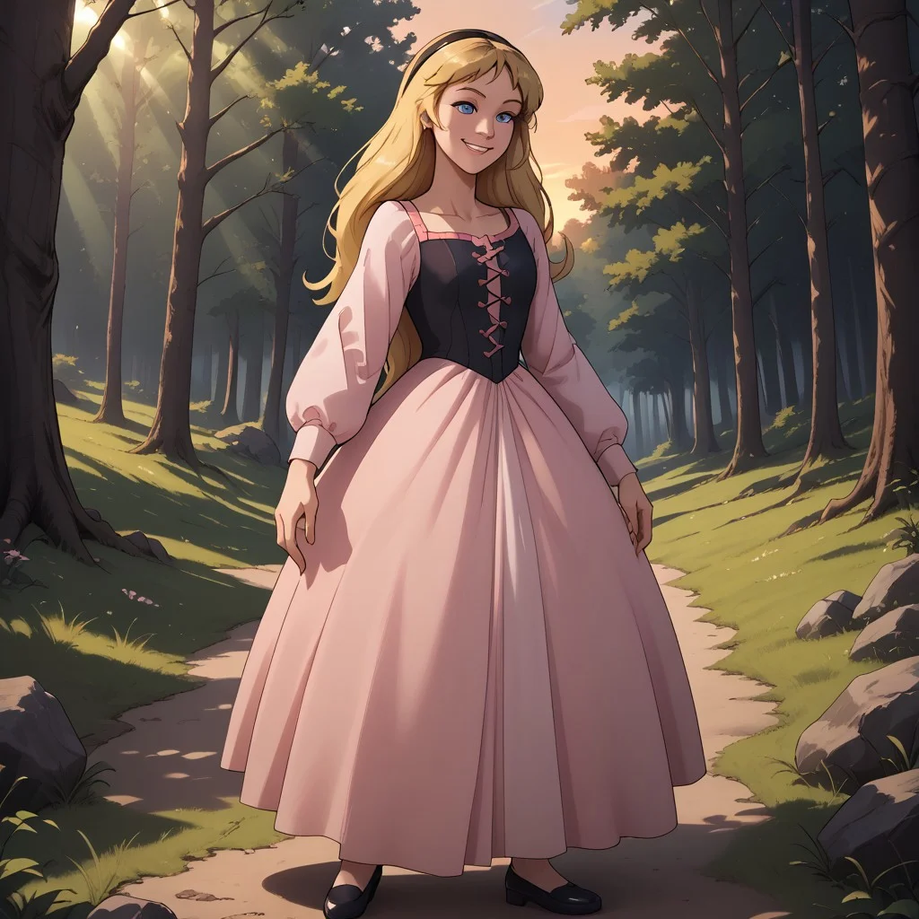 score_9, score_8, BREAK, solo, blonde hair, black hairband, blue eyes, black bodice, light pink long sleeves, pink long skirt, black flats, Eilonwy_(The_Black_Cauldron), sexy pose, self portrait, smile, outdoors, sunlight, shadows, evening lighting, natural lighting, forest, trees, grass, orange sky, sunset