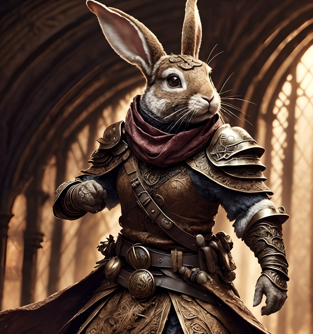 RAW photo, (masterpiece:1.3), subsurface scattering, heavy shadow, (high quality:1.4), (intricate, high detail:1.2), professional photography, HDR, High Dynamic Range, realistic, ultra realistic, photorealistic, high resolution, film photography, ambient lighting, atmospheric effects, <lora:detail_slider_v4:2>, OverallDetail,   <lora:Rabbitfolk:1>, 1other, animal ears, animal focus, belt, body fur, cape, cloak, closed mouth, clothed animal, cowboy shot, depth of field, fantasy, fighting stance, furry, jewelry, looking at viewer, male focus, outdoors, rabbit, rabbit ears, rabbitfolk, scarf, shoulder armor, shoulder belt, simple background, solo,  standing,  whiskers, brown fur