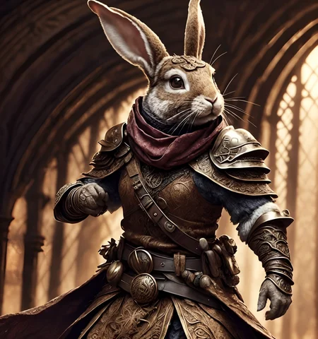 RAW photo, (masterpiece:1.3), subsurface scattering, heavy shadow, (high quality:1.4), (intricate, high detail:1.2), professional photography, HDR, High Dynamic Range, realistic, ultra realistic, photorealistic, high resolution, film photography, ambient lighting, atmospheric effects, <lora:detail_slider_v4:2>, OverallDetail, <lora:Rabbitfolk:1>, 1other, animal ears, animal focus, belt, body fur, cape, cloak, closed mouth, clothed animal, cowboy shot, depth of field, fantasy, fighting stance, furry, jewelry, looking at viewer, male focus, outdoors, rabbit, rabbit ears, rabbitfolk, scarf, shoulder armor, shoulder belt, simple background, solo, standing, whiskers, brown fur