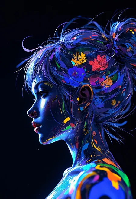 A striking female portrait emerges through precisely controlled gene expression in engineered bacteria, creating overlapping patterns of biological chromophores. Multiple wavelengths of light activate different genetic circuits, building depth through layered biological responses. The figure appears to be composed of pure light, with each element defined by living color transitions. Macro photography reveals the intricate patterns of colony growth while maintaining the ethereal quality of the overall composition. The portrait exists at the intersection of scientific precision and artistic vision, demonstrating the potential of synthetic biology as an artistic medium.