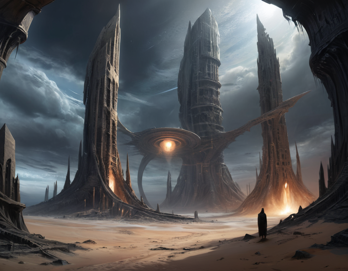 In a desolate expanse of swirling sands, the remnants of colossal structures stood as silent sentinels, once-proud spires now broken and crumbling under the relentless assault of an alien storm, b3ks1n