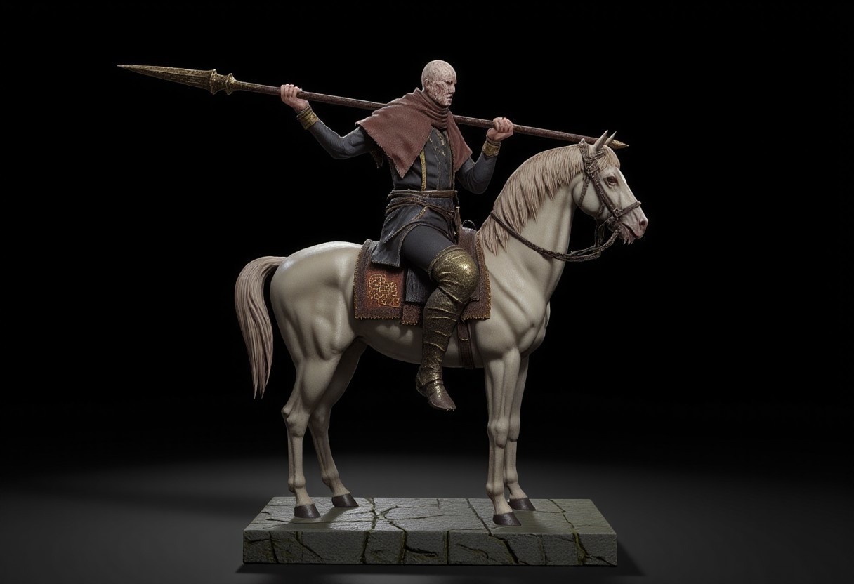 Obscure Centaur half human holding a bronze spear with engravings on it, the lower horse body is covered wit hleather and cloth armor 
Set against a solid dark black color background to emphasize its unnatural form that emphasizes its silhouette. 
The medium is not a traditional painting or illustrative medium like watercolor or ink but rather a digital 3D rendering. MikeFranchinastyle, bbstyle,, horror theme, ZBClay model of a gray sculpture, zbrush, d4arks0uls, overcast lighting, jedioutfit