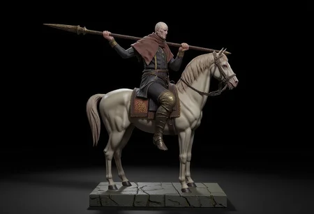 Obscure Centaur half human holding a bronze spear with engravings on it, the lower horse body is covered wit hleather and cloth armor
Set against a solid dark black color background to emphasize its unnatural form that emphasizes its silhouette.
The medium is not a traditional painting or illustrative medium like watercolor or ink but rather a digital 3D rendering. MikeFranchinastyle, bbstyle,, horror theme, ZBClay model of a gray sculpture, zbrush, d4arks0uls, overcast lighting, jedioutfit