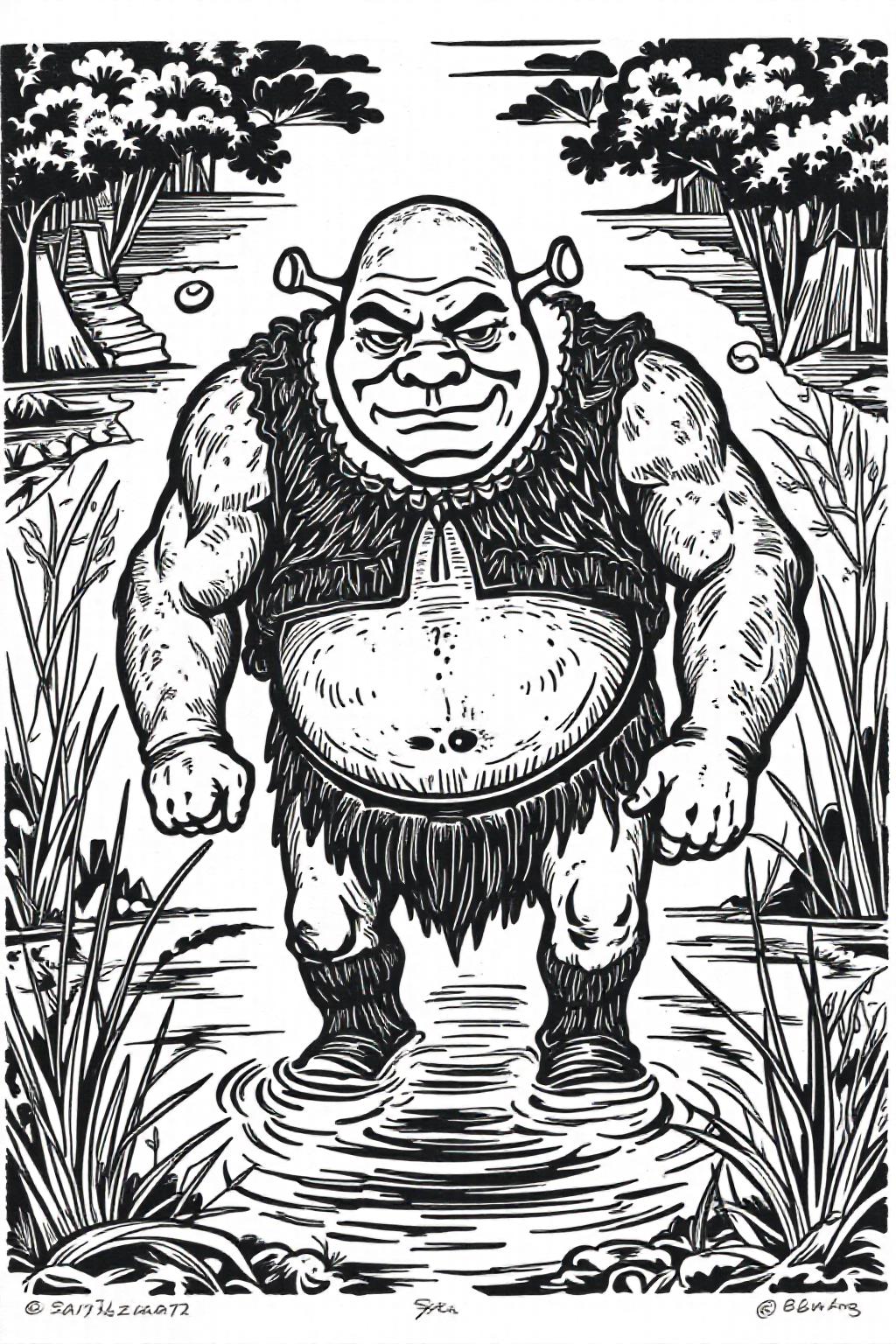 k1ooster black and white drawing of of shrek coming out of a swamp <lora:Klooster.Border.D8A4.R15E10.ep10:0.8> <lora:Flux-Sch-SingleBlocks-BF16:1.0><lora:796085034844109430:0>