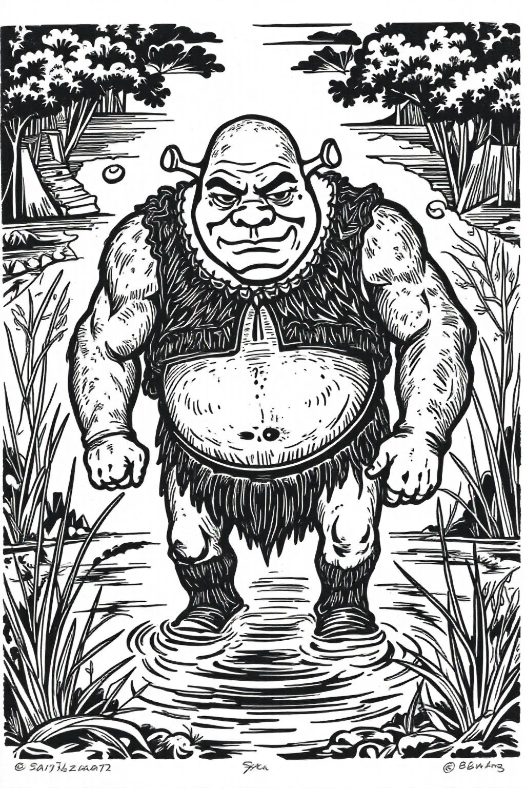 k1ooster black and white drawing of of shrek coming out of a swamp <lora:Klooster.Border.D8A4.R15E10.ep10:0.8> <lora:Flux-Sch-SingleBlocks-BF16:1.0><lora:796085034844109430:0>