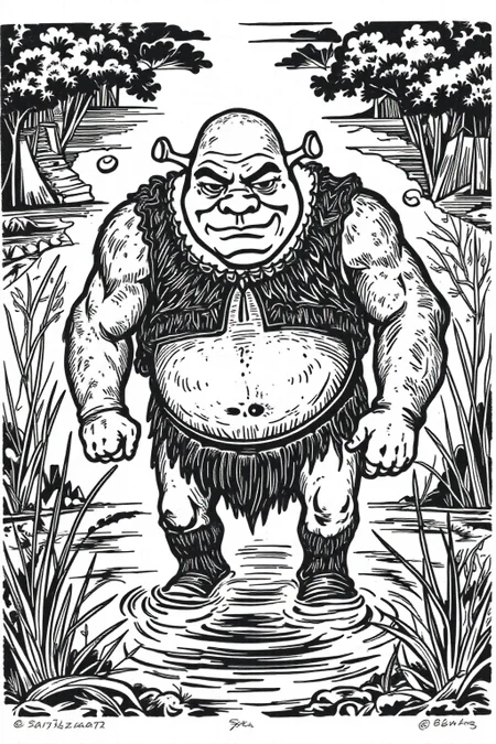 k1ooster black and white drawing of of shrek coming out of a swamp <lora:Klooster.Border.D8A4.R15E10.ep10:0.8> <lora:Flux-Sch-SingleBlocks-BF16:1.0><lora:796085034844109430:0>