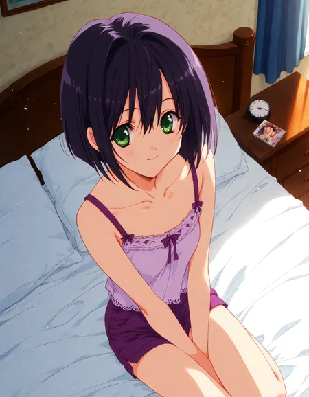 score_9, score_8_up, score_7_up, masterpiece, best quality, absurdres, official art, official style, (anime coloring, anime screencap, megami magazine, flat color:1.3), zPDXL2, zPDXLxxx,
<lora:Nanase_Aoi_Style_Pony_v1:1.0>, 1girl, solo focus, Nanase_Aoi_Style
bedroom, on bed, bed sheet, dim lighting, light particles, (from above:1.3), looking at viewer, dutch angle, 
, purple camisole, smile, bedroom, shorts, camisole, green eyes, indoors, hand between legs, curtains, between legs, bed, hair between eyes, bare shoulders, purple theme, pillow, short hair, purple shorts, pink lips, black hair, closed mouth