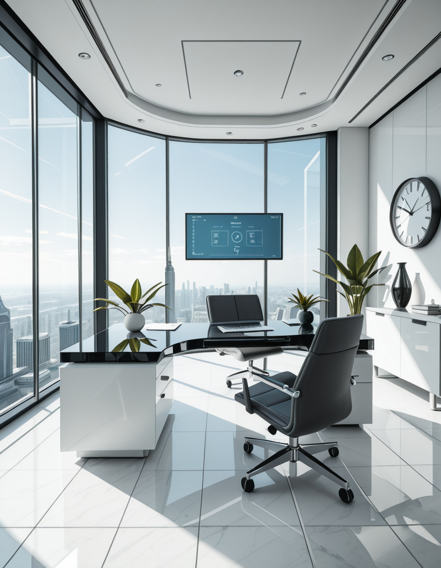 A modern, luxurious executive secretary's office located at the top floor of a futuristic skyscraper. The office has floor-to-ceiling glass walls offering a breathtaking panoramic view of a bustling metropolis under a clear blue sky. Inside, the design is ultra-minimalist and high-tech, with sleek white furniture, a glossy black desk with an integrated digital interface, and an ergonomic designer chair in matte gray leather. There are a few elegant green plants strategically placed for a touch of nature. A thin holographic screen hovers above the desk, displaying schedules and emails. The lighting is bright but soft, coming from recessed LED strips in the ceiling and natural sunlight pouring in. The atmosphere feels calm, professional, and cutting-edge, reflecting the spirit of a powerful tech company. In the background, a subtle artistic sculpture and a minimalist clock complete the decor.
<lora:SDXLFaeTastic2400:0.4> <lora:extremely_detailed:0.4> extremely detailed,secretary 0ff1c3, <lora:secretary_0ff1c3_r1-i:1>, Masterpiece,best quality,hi res,8k,hi res,8k,award winning,(sharp focus, intricate, highly detailed),
