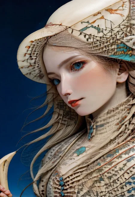 made out of scrimshaw, 1girl, solo, long hair, detailed eyes, natural eyes, very aesthetic, intricate eyes, confident, focused, at night, mascara, beautiful female, detailed, candles, dynamic shot, night, mature woman, bokeh, masterpiece, best quality, amazing quality, absurdres, thick lips, fully dressed, nbn-freyja, gloves, (anatomically correct:1.9), feminine strength, grief, freedom, ritual magic, auburn hair, photorealism, cinematic lighting, high fantasy, mythic portraiture, soft background, northern folklore aesthetic, (cybersuit made out of scrimshaw:1.8), (hat made out of scrimshaw:1.6), natural hands, cyberpunk, futuristic, outdoors, graveyard made out of scrimshaw.