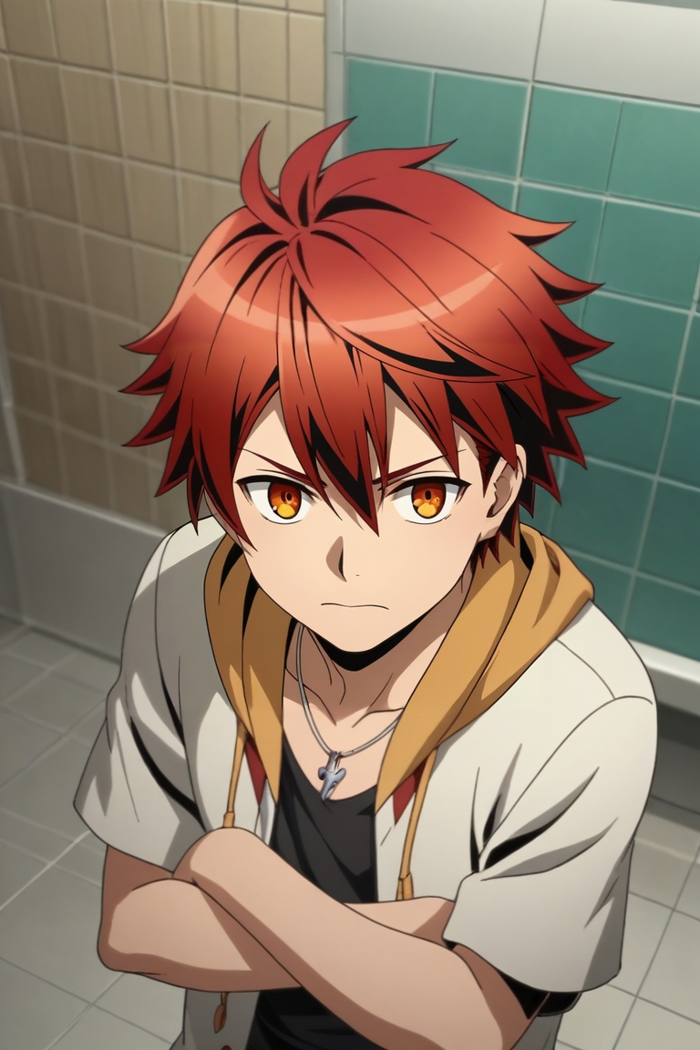 score_9, score_8_up, score_7_up, , rating_safe, intricate details, anime screencap, anime coloring, , , depth of field, 1boy, solo, male focus, <lora:akane_divine_gate_pony:0.82>, akane_divine_gate, red hair, orange eyes, short hair, hair between eyes, , from above, full body, bathroom, indoors, dark, arms under breasts, wavy mouth, closed mouth, , <lora:sdxl_lightning_8step_lora:1>
