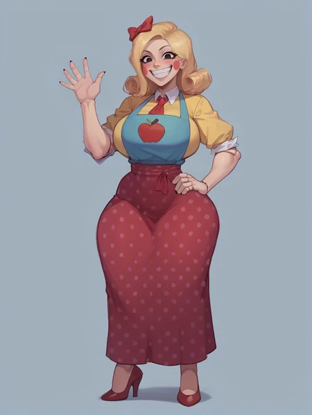 score_9, score_8_up, score_7_up, rating_explicit, zPDXL2, zPDXLxxx, zPDXL3, source_anime,
<lora:MissDelight:1>, 1girl, solo, long hair, blonde hair, breasts, huge breasts, curvy, thick thighs, thighs, wide hips, narrow waist, standing, full body, waving, facepaint, joints, apple print,
shirt, yellow shirt, skirt, red skirt, polka dot skirt, long skirt, apron, bow, red bow, hair bow, necktie, ascot, shoes, red footwear, high heels,
black eyes, smile, grin, blush stickers, crazy smile,
hand on own hip,
simple background,