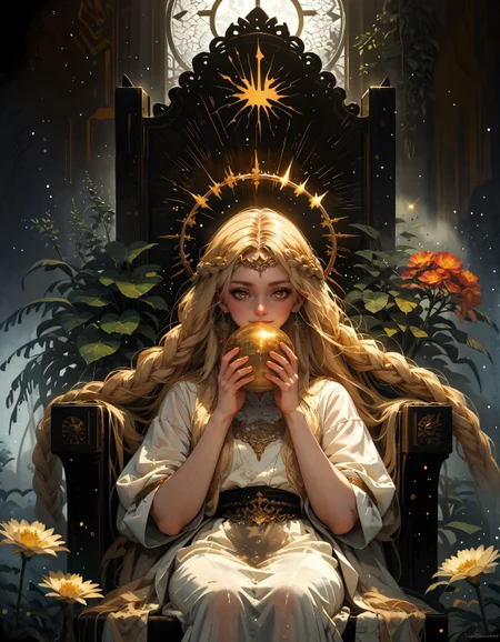 score_9, score_8_up, score_7_up, score_6_up, score_5_up, score_4_up,  1boy, miquella, blonde hair, holding a golden sphere, crown braid, multiple braids, yellow eyes, white robe, gold armlet, circlet, cute smile, sitting on a black throne, black stone, black throne, sunlight, wind, flying wheat, water sparkles