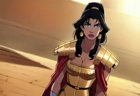 safe_pos, score_9, score_8_up, score_7_up, hippolyta, long hair, blue eyes, black hair, makeup, lipstick, armor, jewelry, earrings, greek dress, cleavage, 1woman, cape, cowboy shot, looking at viewer, solo, dutch angle, defined, helmet, loose hair, hair loose, no earrings, Greek helmet