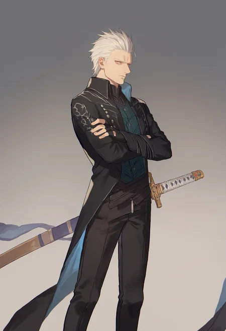 score_9, score_8_up, score_7_up, 1boy, sheathed sword, crossed arms, dmc5vergil solo male focus, simple background, black coat, fingerless gloves, pants, expressionless, looking at viewer
<lora:sheathed_sword_pony_1_final:1>
<lora:others_dmc5_vergil_ponyXL-000005:1>
