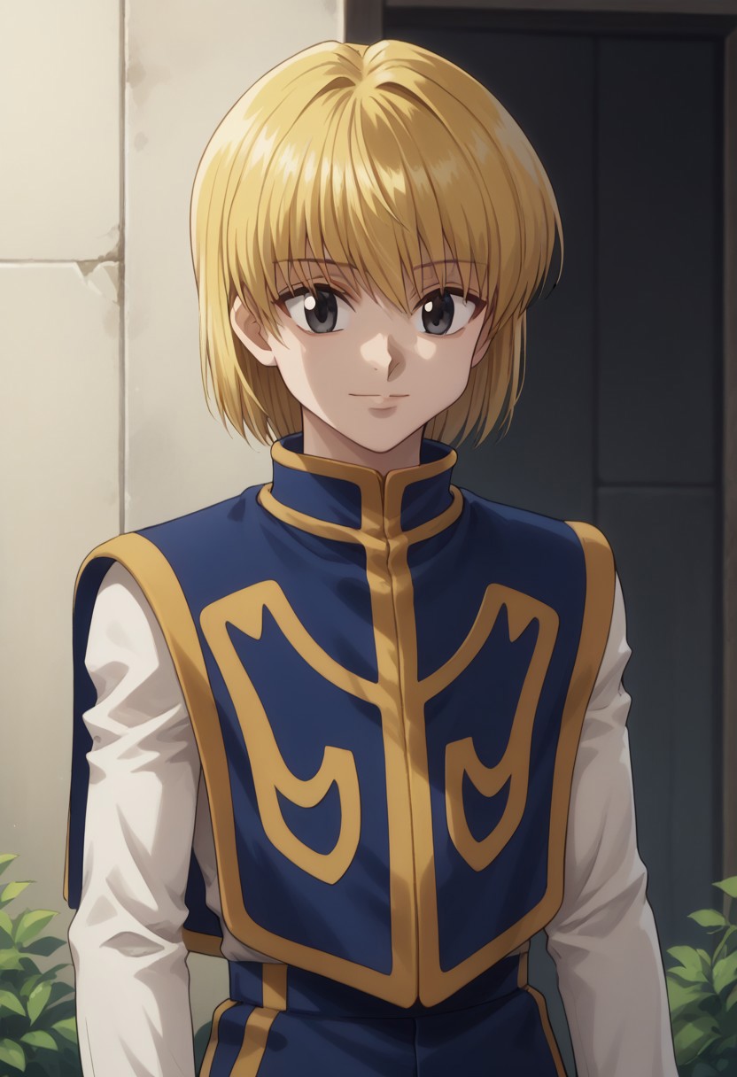 score_9, score_8_up, score_7_up, source_anime, highly detailed, 
kurapika, 1boy, male focus, solo, blonde hair, bangs, medium hair, alternate hairstyle, black eyes, shirt, white shirt, long sleeves, tabard, blue and yellow tabard, pants, white pants, upper body, smile,
outdoor,