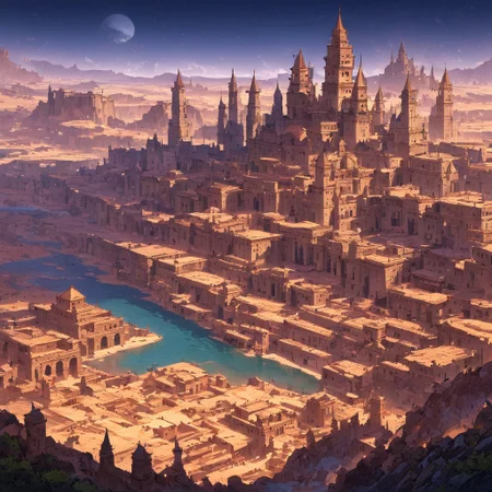 masterpiece, ancient city, towers, buildings, castle, landscape, epiCPhoto, epic proportions, towers, Roman architecture, desert, two moons, river, giant crocodile, easynegative