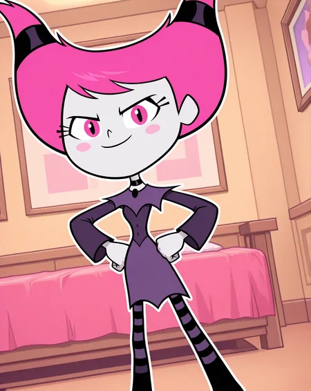 jinx_(Teen_Titans_Go!), 1girl, solo, full_body, pale-white skin, pink cheeks, long eyelashes, thin cat-like pupils, pink hair, horn-shaped pigtails, purple gothic dress, black and purple-striped stockings, black and purple boots, (smile, dutch angle, Hands on hips,naughty pose, looking at viewer, indoors, elegant room, solo, dynamic pose, head tilt,),((White frame, white outline))
