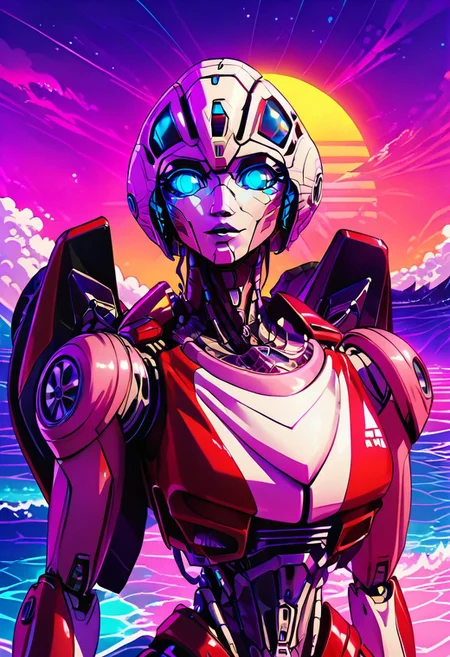 score_9, score_8_up, score_7_up, screencap, detailed eyes, looking at viewer, bust shot, white background, character sheet, multiple views, ArceeROTB, autobot, 1girl, solo, red and white body, mechanical parts, robot, helmet-like head, robotic face, glowing blue optics, wheels on back, ducati printed on right leg, autobot forehead symbol, fairing-like chest, blue eyes, narrow waist, synthwave, vaporwave, wave, lasers, sunset, synthwave-galaxy, unique pose, unique angle