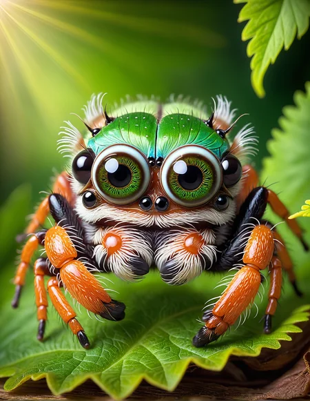 (3d:1.5),
Pixar style, cute little jumping spider, droopy eyes, vibrant colors, big expressive eyes, detailed textures, soft natural lighting, sad expression, playing with a tiny leaf, realistic shadows, fine details in the fur, ultra-quality, playful pose, enchanting setting, tiny legs and pedipalps, delicate web in the background, magical lighting, whimsical atmosphere, playful ambiance, detailed background, lush green grass, sunny meadow setting