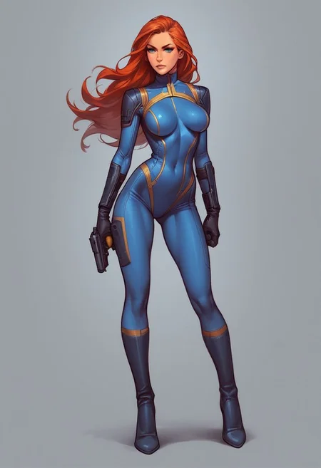 Beauty Vault fimale from Fallout 4, slim long body, pale skin, vaultsuit outfit, slim stomach, long hair, ultra detailed beauty faces, full body, action pose, big brightness blue eyes, with big pistol
BREAK score_9, score_8_up, score_7_up, score_6_up, source_cartoon, rating_explicit, Expressiveh, full body, dynamic pose