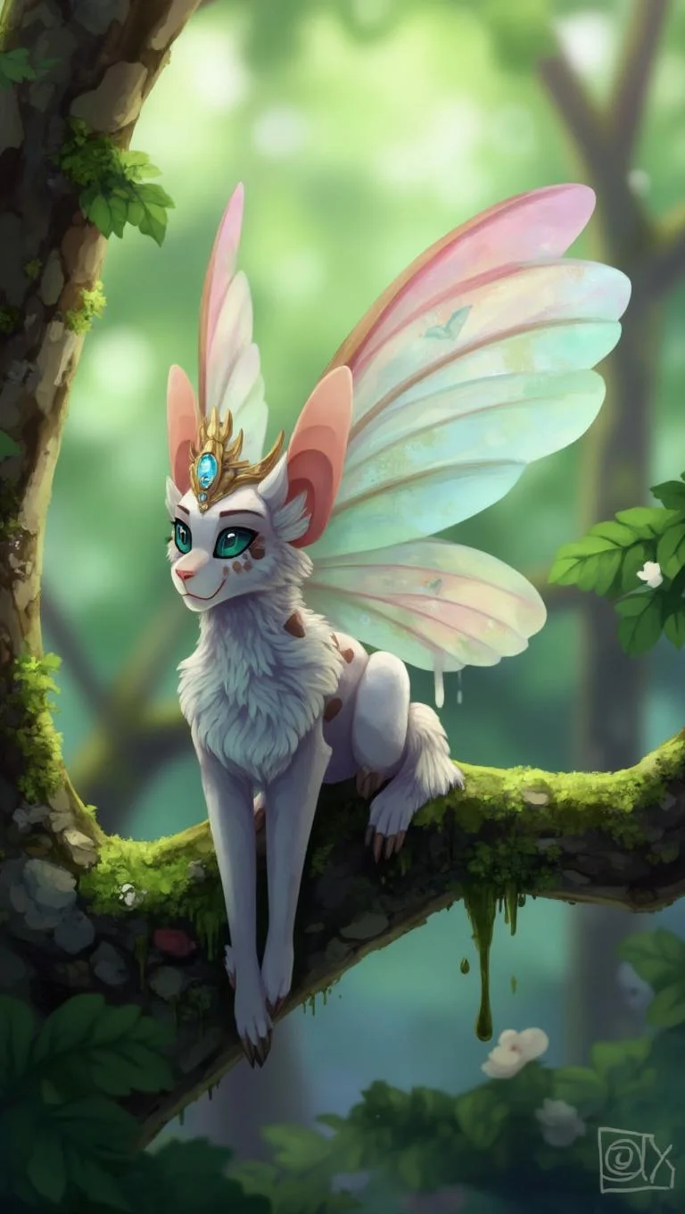 <lora:ck-LttleGhost-000011.safetensors:1> in the style of ck-lttlegh0stA small, winged creature perches on a moss-covered branch in an enchanted forest, surrounded by soft, pastel colors and intricate textures. Its translucent wings are adorned with colorful patterns, and it wears a sparkling gemstone crown. The background is blurred to focus attention on the mystical being.