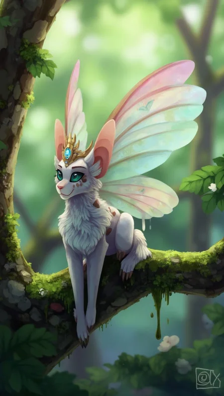 <lora:ck-LttleGhost-000011.safetensors:1> in the style of ck-lttlegh0stA small, winged creature perches on a moss-covered branch in an enchanted forest, surrounded by soft, pastel colors and intricate textures. Its translucent wings are adorned with colorful patterns, and it wears a sparkling gemstone crown. The background is blurred to focus attention on the mystical being.