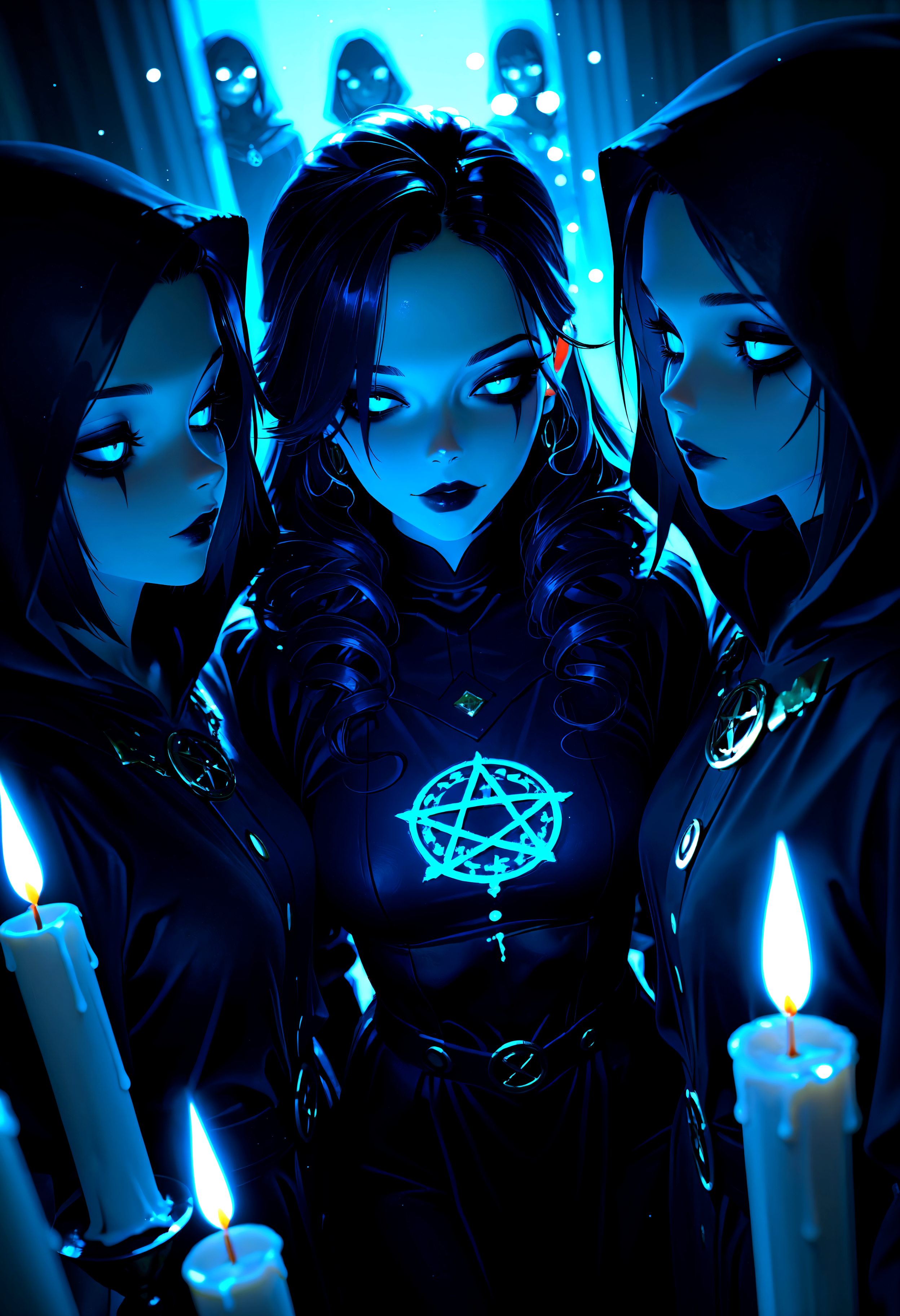 occult, dark magic, coven of witches, 3girls, pale skin, long dark hair, piercing eyes, full lips, dark makeup,Rapscallionstyle, detailed, tfaix, 8k, (masterpiece, blurry, bokeh, best quality, film_grain, highly detailed, high-resolution, detailed texture, absurdres, 3D illustration, best quality, amazing quality, very aesthetic, absurdres, newest, scenery, volumetric lighting, HDR, chiaroscuro, vignetting, dutch angle, depth of field))
,black robes, hooded cloaks, intricate jewelry, candles, pentagram, swirling mist, eerie lighting, dramatic shadows, unsettling atmosphere, bewitching beauty, alluring gaze, sensual poses, powerful presence, arcane rituals, otherworldly energy
BREAK, beautiful detailed eyes, detailed skin, detailed hair, dappled light, light particles, dramatic shadows, cinematic lighting, depth of field,,