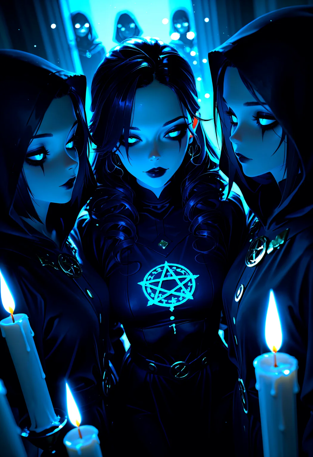 occult, dark magic, coven of witches, 3girls, pale skin, long dark hair, piercing eyes, full lips, dark makeup,Rapscallionstyle, detailed, tfaix, 8k, (masterpiece, blurry, bokeh, best quality, film_grain, highly detailed, high-resolution, detailed texture, absurdres, 3D illustration, best quality, amazing quality, very aesthetic, absurdres, newest, scenery, volumetric lighting, HDR, chiaroscuro, vignetting, dutch angle, depth of field))
,black robes, hooded cloaks, intricate jewelry, candles, pentagram, swirling mist, eerie lighting, dramatic shadows, unsettling atmosphere, bewitching beauty, alluring gaze, sensual poses, powerful presence, arcane rituals, otherworldly energy
BREAK, beautiful detailed eyes, detailed skin, detailed hair, dappled light, light particles, dramatic shadows, cinematic lighting, depth of field,,