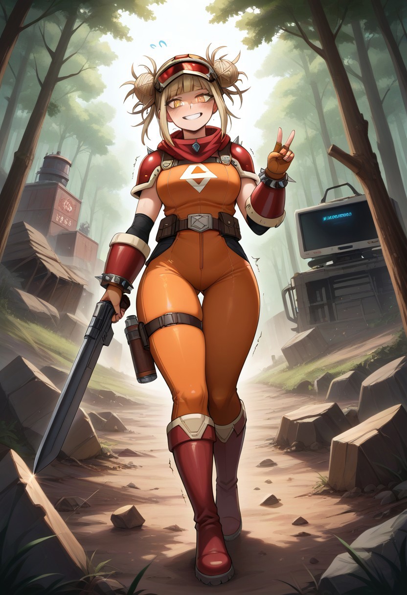 score_9,score_8_up,score_7_up,score_6_up,score_5_up,1girl, front_view,symmetrical,copper bodysuit,red gemstones,ruby, my hero academia,toga_himiko,short hair,source_anime,twin buns,boku_no_hero_academia,blonde_hair,yellow_eyes,curvy, (symbol-shaped_pupils),(heart shaped pupils),swords,(copper bracalets),(spiked bracalets),long nails,copper gloves,fur-trim cape,copper boots,(copper bodysuit),spade_\(symbol\),sci-fi, death forest,moss,(armory),elecricity,stage lights,death trees, (abandon factory in background),(floating orbs),(debris),(dust clouds),flying soda can,(mossy machines),(television),(missile), (spiked yelm),computer,copper helmet,(glowing visor),spiked lighy copper helmet,thigh strap,traffic lights,traffic signs,red diamonds,copper necklace,(chains),bubbles,copper belt with gun case,(holding copper orbs),weapon,shotgun,(bullet belt),(orbs:1.6),(bullets),gas mask,(jewelry),copper spheres,shoulder pads,(wide hips),(thick thighs),(thick legs),perfect hands,(hand signs),rings with gems,(motion lines:1.4),sweat,(??:1.4),sword, (trembling lines:1.4),(flying sweatdrops:1.4),forest,illustration, (thick outlines),(glowing eyes),(destroyed robots),((posters)), masterpiece,best_quality,newest,absurdres,best shadow,light particles,highly detailed background,amazing quality,detailed face,highly detailed skin,very detailed clothes,emphasis lines, very aesthetic,high quality,detailed eyes,dynamic angle,shiny, <lora:add-detail-xl:2>,<lora:dvr-rst:0.8>,dvr-rst
