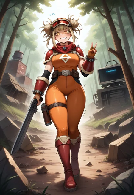 score_9,score_8_up,score_7_up,score_6_up,score_5_up,1girl, front_view,symmetrical,copper bodysuit,red gemstones,ruby, my hero academia,toga_himiko,short hair,source_anime,twin buns,boku_no_hero_academia,blonde_hair,yellow_eyes,curvy, (symbol-shaped_pupils),(heart shaped pupils),swords,(copper bracalets),(spiked bracalets),long nails,copper gloves,fur-trim cape,copper boots,(copper bodysuit),spade_\(symbol\),sci-fi, death forest,moss,(armory),elecricity,stage lights,death trees, (abandon factory in background),(floating orbs),(debris),(dust clouds),flying soda can,(mossy machines),(television),(missile), (spiked yelm),computer,copper helmet,(glowing visor),spiked lighy copper helmet,thigh strap,traffic lights,traffic signs,red diamonds,copper necklace,(chains),bubbles,copper belt with gun case,(holding copper orbs),weapon,shotgun,(bullet belt),(orbs:1.6),(bullets),gas mask,(jewelry),copper spheres,shoulder pads,(wide hips),(thick thighs),(thick legs),perfect hands,(hand signs),rings with gems,(motion lines:1.4),sweat,(??:1.4),sword, (trembling lines:1.4),(flying sweatdrops:1.4),forest,illustration, (thick outlines),(glowing eyes),(destroyed robots),((posters)), masterpiece,best_quality,newest,absurdres,best shadow,light particles,highly detailed background,amazing quality,detailed face,highly detailed skin,very detailed clothes,emphasis lines, very aesthetic,high quality,detailed eyes,dynamic angle,shiny, <lora:add-detail-xl:2>,<lora:dvr-rst:0.8>,dvr-rst