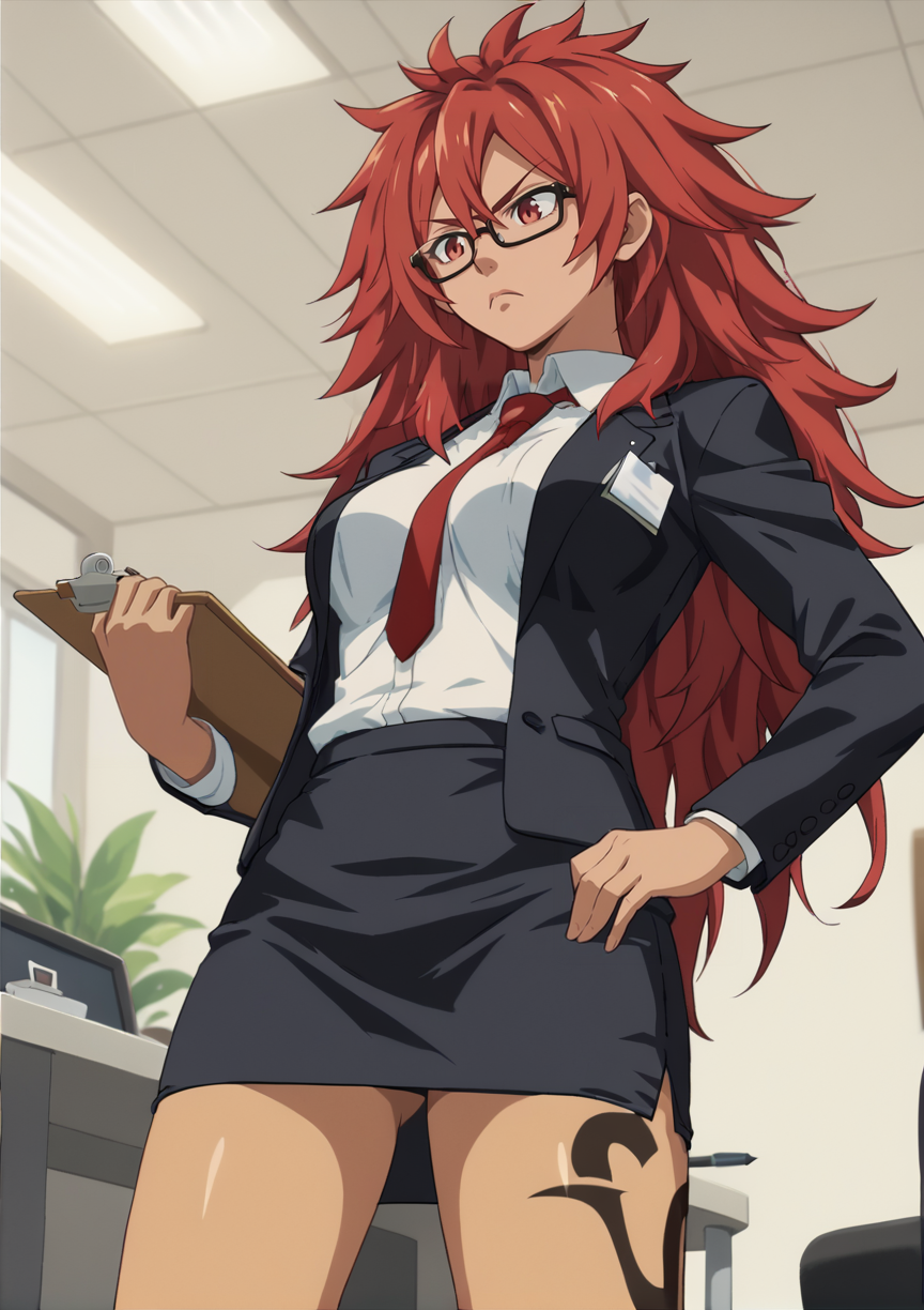 1girl, dark skin, red hair, long hair, messy hair, red eyes, glasses, indoors, leg tattoo, office, standing, fixing eyewear, serious, blazer, shirt, cleavage, necktie between breasts, pencil skirt, anime screencap, holding clipboard, from below  <lora:risty_qb:0.8>, score_9, score_8_up, score_7_up, score_6_up, score_5_up, score_4_up, BREAK source_anime, masterpiece