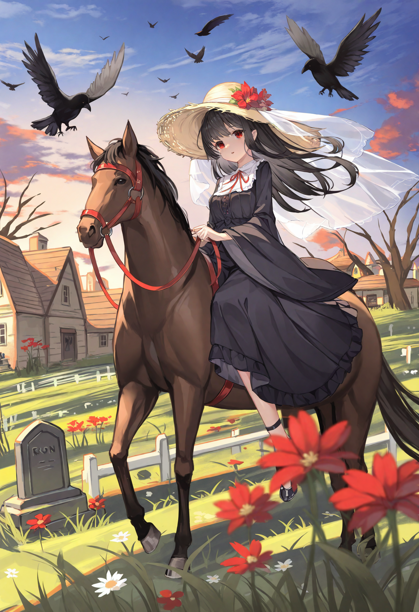 1girl, bare tree, horse, outdoors, animal, red eyes, bird, black hair, tree, sky, veil, crow, cloud, tombstone, dress, hat, long hair, flower, horseback riding, solo, straw hat, wide sleeves, house, cloudy sky, building, parted lips, black dress, red flower, long sleeves, graveyard, grass, reins, looking at viewer, sunset, depth of field, blue sky,masterpiece,best quality,newest,absurdres,highres,very awa,<lora:alguang2_noob1.1-000178:0.9>,
