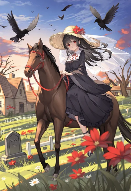 1girl, bare tree, horse, outdoors, animal, red eyes, bird, black hair, tree, sky, veil, crow, cloud, tombstone, dress, hat, long hair, flower, horseback riding, solo, straw hat, wide sleeves, house, cloudy sky, building, parted lips, black dress, red flower, long sleeves, graveyard, grass, reins, looking at viewer, sunset, depth of field, blue sky,masterpiece,best quality,newest,absurdres,highres,very awa,<lora:alguang2_noob1.1-000178:0.9>,
