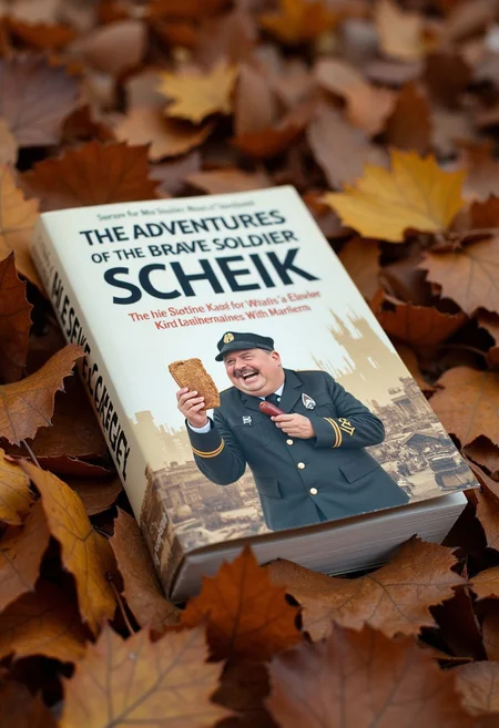The book is lying on autumn leaves, close-up. The cover of the book depicts a cheerful fat man, clean-shaven and dressed in an Austrian uniform from the First World War. He has a piece of bread in one hand and a sausage in the other. The book is called "The Adventures of the Brave Soldier Schweik".