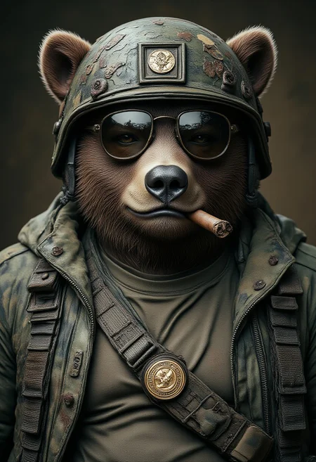 Highly detailed, cinematic photography of a grumpy chubby fat anthropomorphic bear as a US Marine. Wearing a battered khaki T-shirt, disheveled military jacket, and a helmet. He has Ray-Ban sunglasses and a thick Cuban cigar stub in his mouth. Upper body close-up, emphasizing his rugged and untidy appearance. Background is blurred to focus on the bear's detailed military persona, textured fur, and worn-out attire. Studio-quality lighting highlights his somber expression and scruffy attire. A distinctly brutal hippie style from the 60's and 70's. <lora:Anthropomorphic:1>, aidmaMJ6.1 <lora:aidmaMJ6.1v0.4:0.6>, hyp3rd3tail style <lora:hyper-detail-illustration:0.5>, in the style of Jed-clrfl <lora:flux-colourful:0.5>