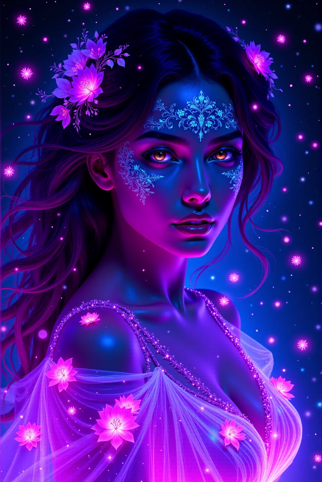 <lora:DGLO_style_v.81:0.75> DGLO style. This is a digital artwork rendered in a fantasy, ethereal style. The subject is a young woman with an otherworldly, glowing appearance. Her skin has a deep blue hue, and her eyes are an intense golden color with vertical pupils that seem to reflect the luminescent aura around her. She has long, dark hair styled in loose waves, adorned with delicate, glowing flowers. Her face is painted with intricate, shimmering designs that resemble floral patterns and stars, adding to her celestial appearance. The most striking feature is the radiant, flowing hair that transitions from dark purple to neon blue and pink, giving it a shimmering, ethereal quality. The background is a dark, star-filled space with an array of bright, glowing stars and floating flower petals in various shades of blue, purple, and pink, creating a fantastical, dreamlike atmosphere. The woman's shoulders and upper back are partially visible, draped in a flowing, luminescent gown that blends seamlessly with her glowing hair. The overall effect is magical and whimsical, as if she is a mythical creature or an enchanting spirit from another realm. Her gaze is directed forward, adding a sense of mystery and enchantment to the image.
