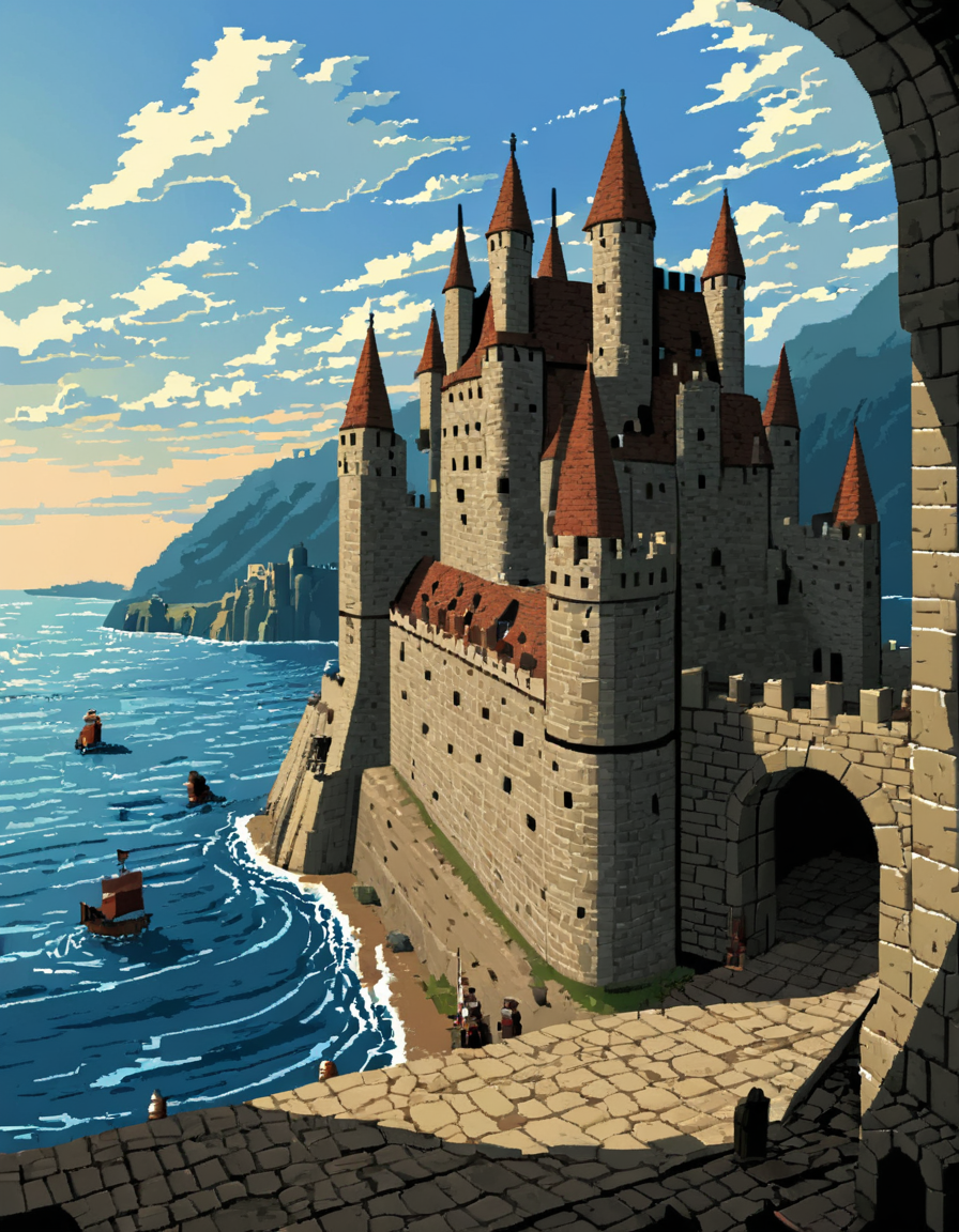 <lora:MWMinis_pixpixxl:1> day, medieval castle landcape, scene, pixpix, sea,
