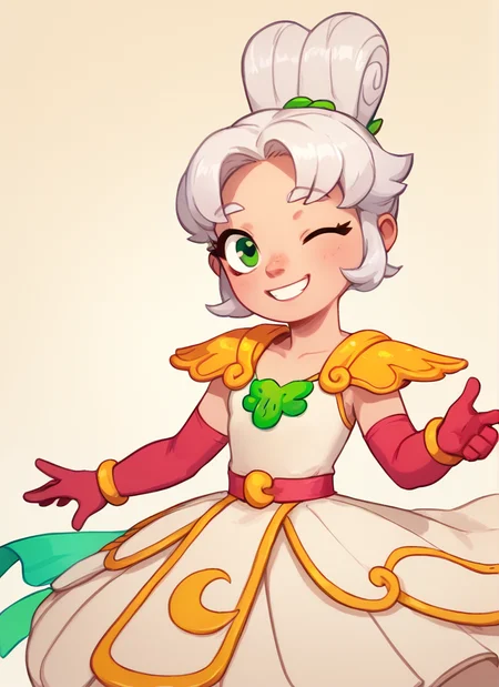 score_9, score_8_up, score_7_up, <lora:lunpiper:1>lunpiper , 1 girl , solo , white hair, doble high ponytail, double bun, green eyes, yellow Shoulder pads ,white dress, dress, red belt , red elbow gloves, yellow bracelet, looking at viewer, <lora:PossumMachine:1>posmach , smile , one eye closed,