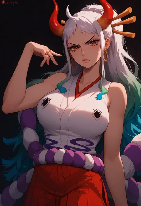 score_9, score_8_up, score_8_up, Expressiveh, godrays, g0thicPXL, glowing, neon, tight detailed clothing, large breasts, pinup pose, seductive pose, dynamic pose, grumpy, 1girl, Oni, Yamato (/One Piece)/,(ultra HD quality details), pale skin, long hair, very long hair, white hair, multicolored hair, aqua hair, green hair, ahoge, high ponytail, sidelocks, brown eyes, horns, curled horns, multicolored horns, red horns, v-shaped eyebrows, hair ornament, hair stick, earrings, ring earrings, japanese clothes, shimenawa, rope, purple and white shimenawa, purple and white rope, bare arms, bare shoulders, sleeveless, sleeveless kimono, white kimono, hakama, red hakama,
