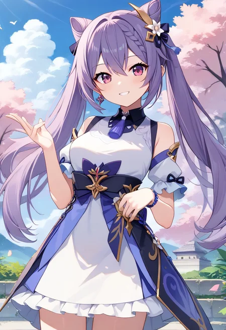 score_9, score_8_up, score_7_up, source_anime, best quality, masterpiece, 1girl, solo, smile. outdoors,
keqingcs, purple hair, cone hair bun, purple eyes, long hair, double bun, braid, twintails,