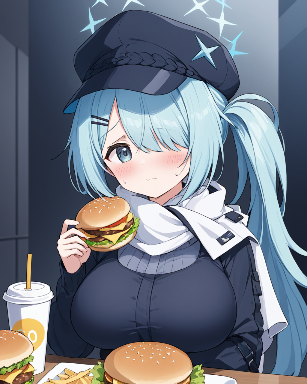 hiyori \(blue archive\),1girl, hair_over_one_eye, halo, burger, solo, side_ponytail, blush, cabbie_hat, white_scarf, large_breasts, holding_food, disposable_cup, eating, looking_at_viewer, crying_with_eyes_open, food_on_face, black_sweater, upper_body, holding_cup, long_sleeves
<lora:hiyori_(blue_archive)_image355_2023-11-27-000025:1>halo. gorgeous,key visual, vibrant, studio anime,award-winning, professional, highly detailed,high budget, cinemascope