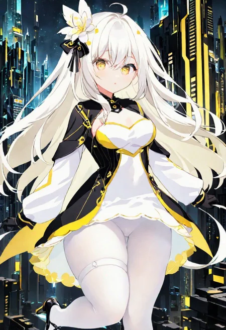 Best quality, masterpiece, sci-fi extremely dark abyss city, one girl with round pert breasts, majestic walk, hands on waist, adorable pure white long loose hair, flower hairpin, adorable smooth face, gentle smile, bright yellow eyes, beautiful white dress with long sleeves and gloves, slim waist, very short miniskirt, white tights, thick clavicle, thick hips, thick thighs, heels