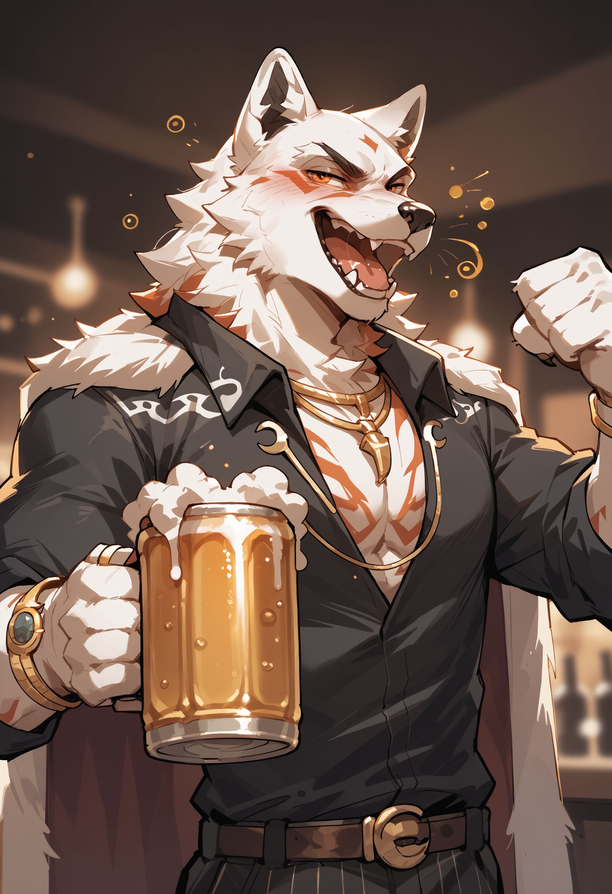 score_9, score_8_up, score_7_up, score_6_up, high res, best quality, digital drawing, 2D, f1etcher_k4ne, 1boy, male focus, solo, furry, furry male, orange eyes, white fur, jewelry, drunk, holding can beer, cheering, <lora:Fletcher_Kane_Fortnite:1>
