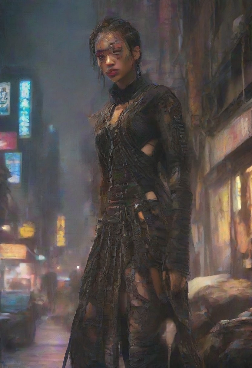 ((masterpiece, best quality, highly detailed)), cowboy shot, an asian skinned woman, stunning looks, demobaza, demobaza, The Hateful Eight film style, flaming sword, sword in each hand, sword in both hands, wearing an unusual dress, black combat boots, in the city, cyber punk background, neon lights, short hair, brown eyes, demobaza, cyberpunk style, cyberpunk