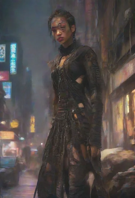 ((masterpiece, best quality, highly detailed)), cowboy shot, an asian skinned woman, stunning looks, demobaza, demobaza, The Hateful Eight film style, flaming sword, sword in each hand, sword in both hands, wearing an unusual dress, black combat boots, in the city, cyber punk background, neon lights, short hair, brown eyes, demobaza, cyberpunk style, cyberpunk