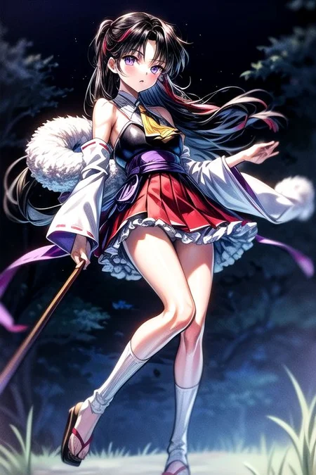 masterpiece, best quality 1girl Setsun4 solo long hair, (night time) forest background black hair very long hair purple eyes multicolored hair armor (fur trim) (medium body),<lora:EMS-179-EMS:0.800000>,<lora:EMS-293862-EMS:0.800000>ascot, bare shoulders, black footwear, detached sleeves, embellished costume, frills, japanese clothes, nontraditional miko, red skirt, sandals, sarashi, skirt, socks, white sleeves, white socks, wide sleeves, yellow ascot, zouri, armor, miko