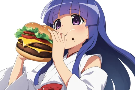 higurashimei, 1girl, solo, furude rika, petite, blue hair, purple eyes, long hair, bangs, flat chest, ((simple background, white background)), japanese clothes, miko, skirt, hakama, hakama skirt, red detached sleeves, red hakama, light blush, upper body, eating, food, burger,  
(atmospheric perspective),  
(masterpiece, best quality, absurdres, highres, newest, very awa:1.2), 