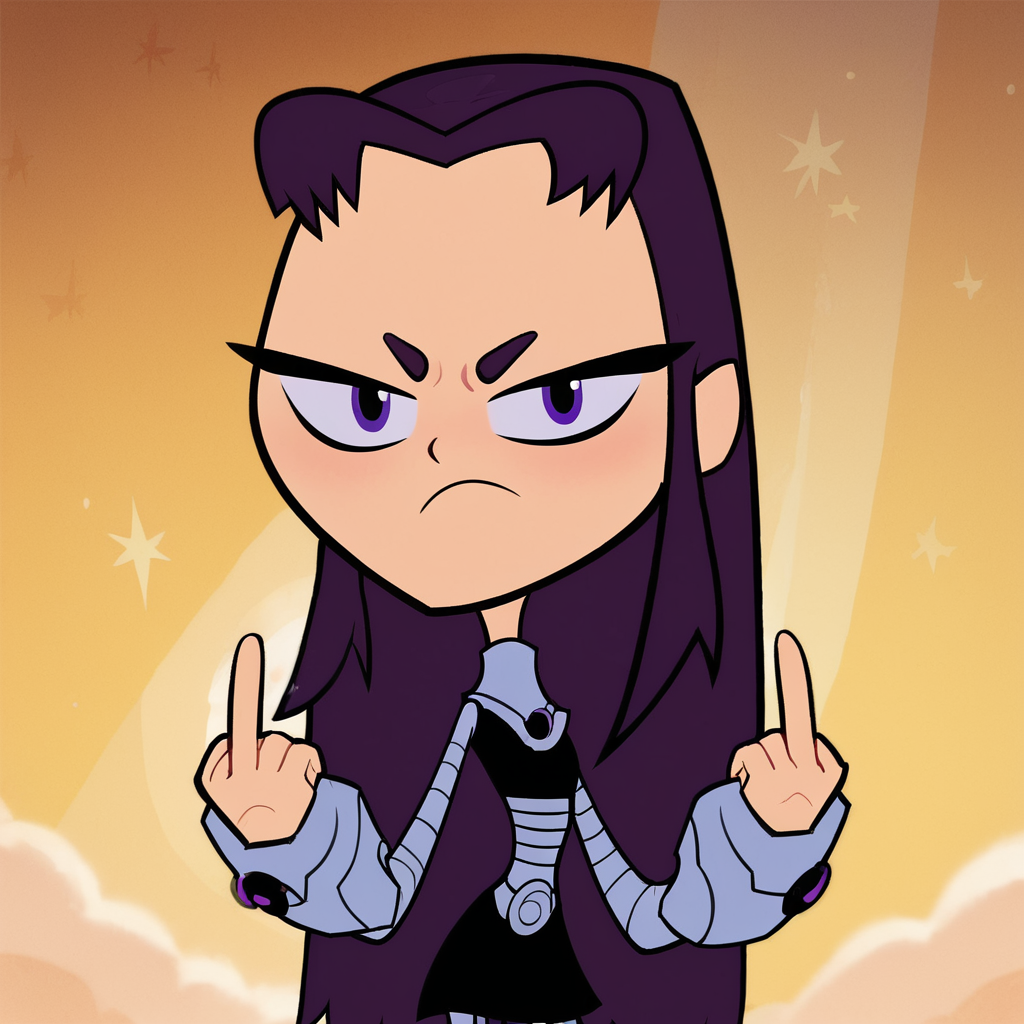 score_9, score_8_up, score_7_up, 1girl, Blackfire, purple hair, long hair, purple eyes, flat chest, narrow waist, wide hips, looking at viewer, frown, middle finger, highres, high quality, masterpiece, <lora:Blackfire:1>
