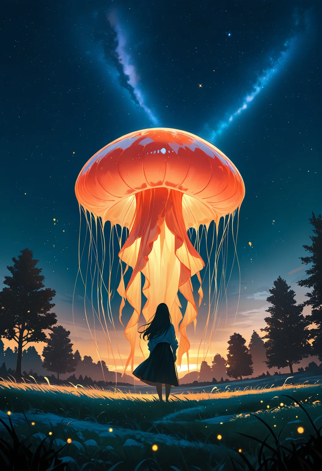 masterpiece, best quality, good quality, very awa, very aesthetic, absurdres, newest, 1girl, solo, long_hair, skirt, standing, outdoors, sky, from_behind, tree, night, grass, star_\(sky\), night_sky, scenery, starry_sky, sunset, arms_at_sides, facing_away, silhouette, dark, wide_shot, twilight, jellyfish